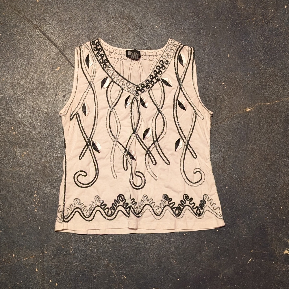 Chic Embroidered Tank Top - Black and Cream
